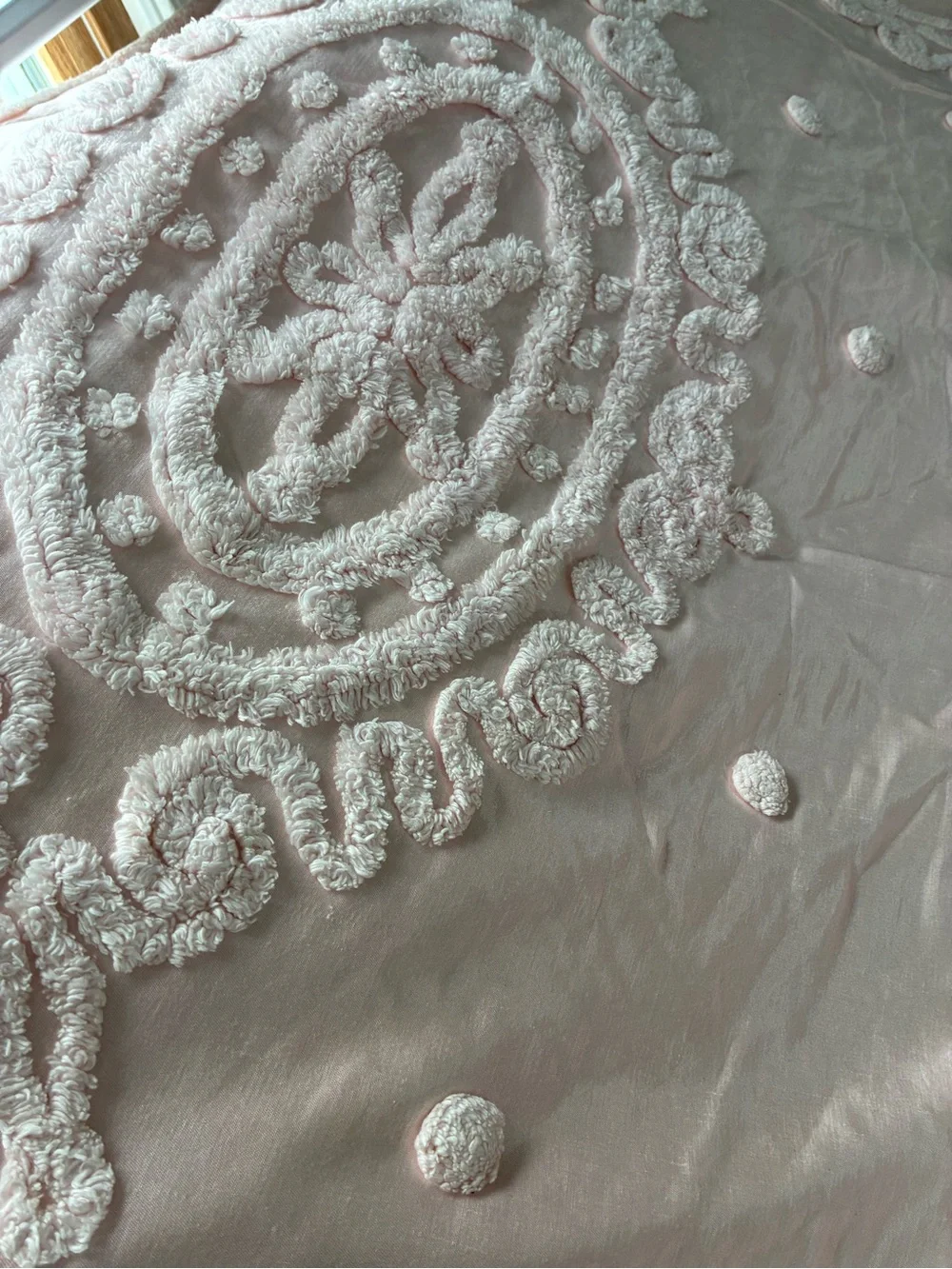 Vintage Everwear Satin Chenille Bedspread Pink Medallion Hollywood Glam Lg Queen